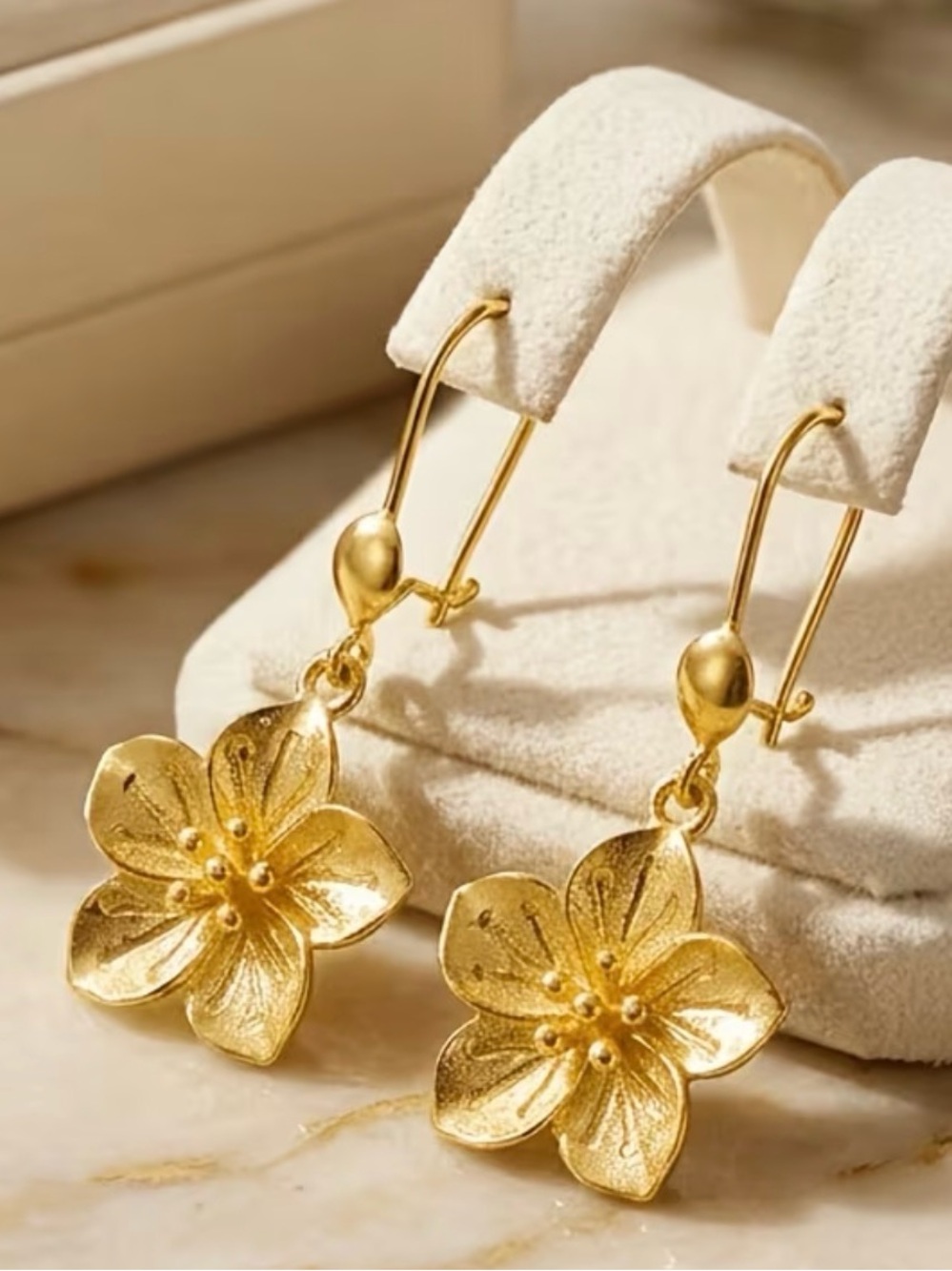 Gold Tone Hawaiian Plumeria Flower Dangle Earrings